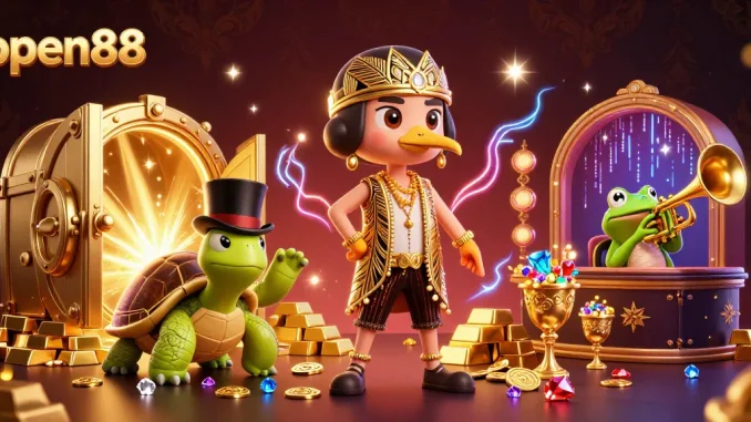 Spin to win at open88 with vibrant characters and glowing treasures in a 3D casino illustration.