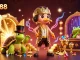 Spin to win at open88 with vibrant characters and glowing treasures in a 3D casino illustration.