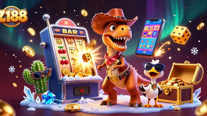 Z188 promotes exciting gameplay with a vibrant 3D illustration of a cowboy dinosaur, jackpot symbols, and dynamic casino elements.