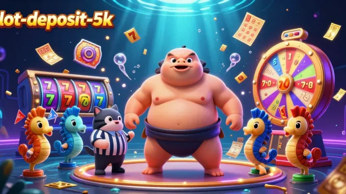 Experience exciting gameplay with slot-deposit-5k as vivid symbols and characters come to life in this vibrant casino scene.