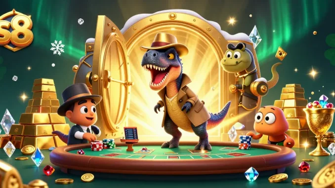 S8 offers thrilling gameplay with a velociraptor card counter and rich rewards in a vibrant casino scene.