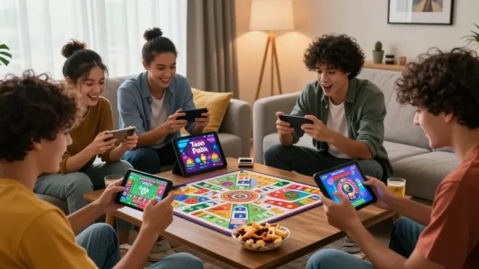 Young adults playing engaging online games in a cozy living room setting.