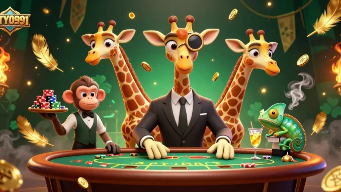 Engage with the vibrant world of BTY0991, featuring a giraffe at a poker table amidst dazzling casino elements and energized gameplay.