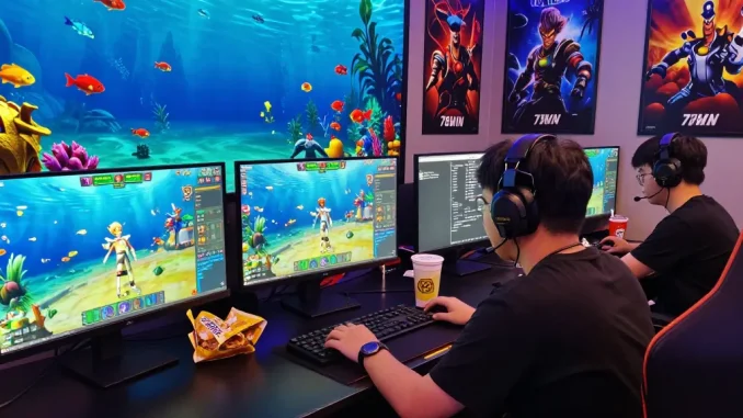 Engaging gamer playing 78WIN fishing game with vibrant underwater visuals and multiple screens.