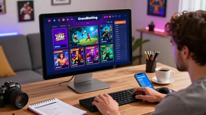 Engaging Grandbetting scene with a user exploring online betting options on a vibrant desktop setup.
