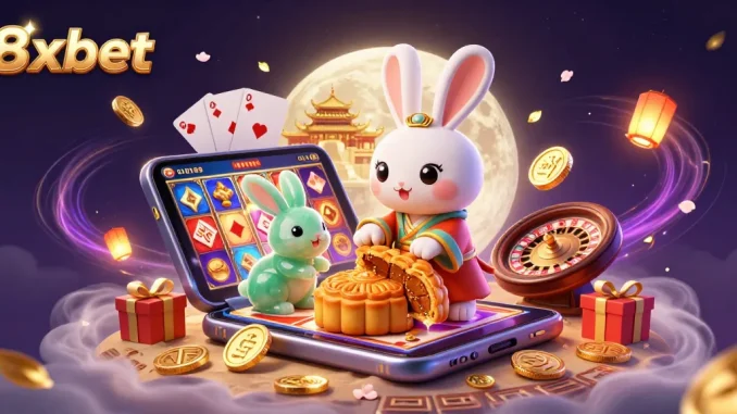 Join the excitement at 8xbet as the moon rabbit reveals poker chips while pounding mooncakes