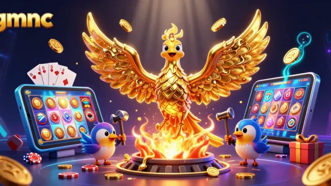 Engaging 3D illustration showcasing gmnc with a molten gold phoenix and animated casino elements.