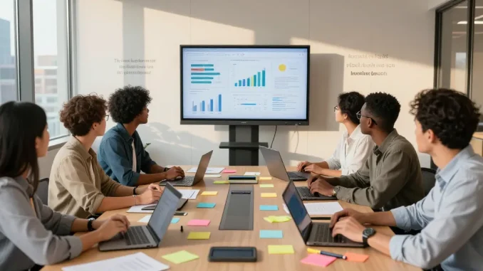 Tim profesional berkolaborasi dalam sesi brainstorming di https://miami4d.com/ dengan presentasi digital dan suasana inspiratif.