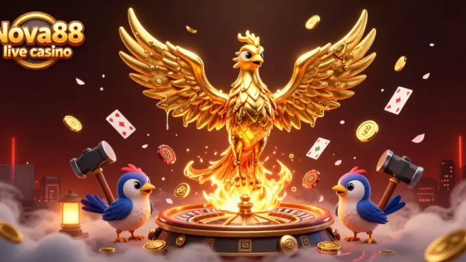 Join the excitement at Nova88 live casino with roulette wheels, cards, and golden phoenix emerging.