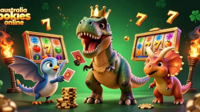 Enjoy thrilling australia pokies online action with a T-Rex, pterodactyl, and triceratops in a vibrant, dynamic casino scene.