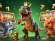 Enjoy thrilling australia pokies online action with a T-Rex, pterodactyl, and triceratops in a vibrant, dynamic casino scene.