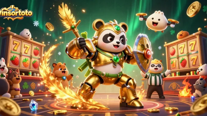 Experience thrilling action at winsortoto with a vibrant casino scene featuring a mech-suit golden panda.