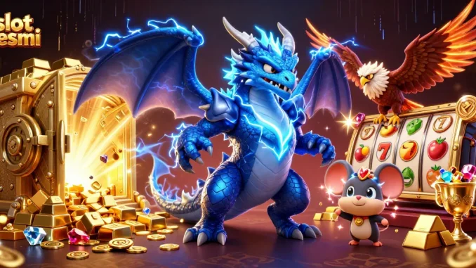 Aksi permainan di slot resmi dengan naga petir dan simbol keberuntungan yang bersinar