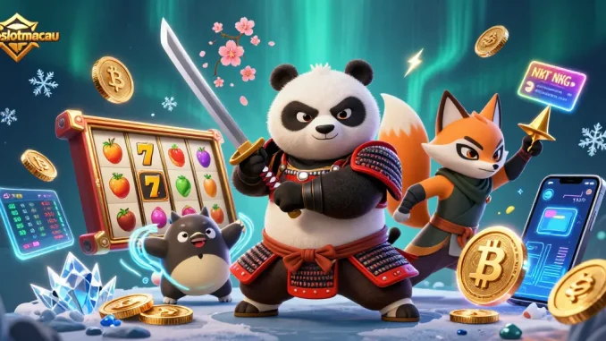 Experience the thrill at totoslotmacau with a vibrant 3D illustration featuring samurai panda and ninja fox.