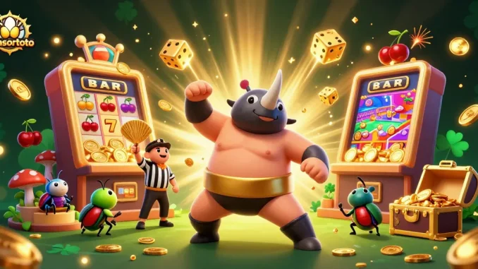 Winsortoto jackpot scene with vibrant characters and dynamic casino elements celebrating a win.