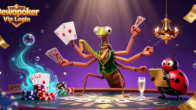Dewapoker Vip Login showcases a vibrant poker game scene with a giant mantis dealer and a ladybug pit boss.