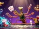 Dewapoker Vip Login showcases a vibrant poker game scene with a giant mantis dealer and a ladybug pit boss.