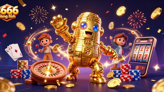 S666 đăng nhập with a golden golem and casino elements brings luck and excitement to players.