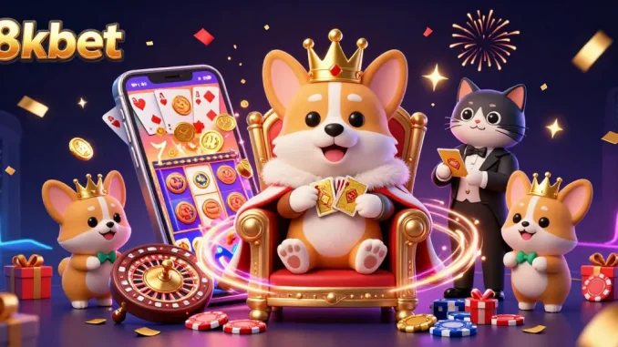 Join the fun at 8xbet with lively gaming elements, showcasing a cheerful royal corgi and vibrant casino features.