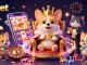 Join the fun at 8xbet with lively gaming elements, showcasing a cheerful royal corgi and vibrant casino features.