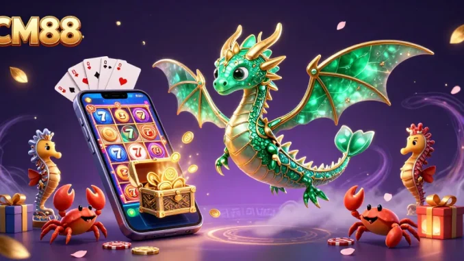 Experience vibrant slot games at CM88 with enchanting sea dragons and treasure chests.