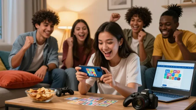 Friends excitedly gather to download Card Rummy APK on Android, showcasing a lively gaming atmosphere.