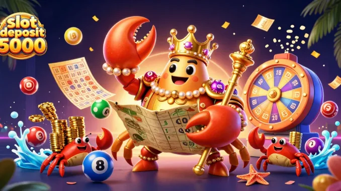 Exciting slot deposit 5000 gameplay illustration featuring a golden crab emperor amidst colorful casino elements.