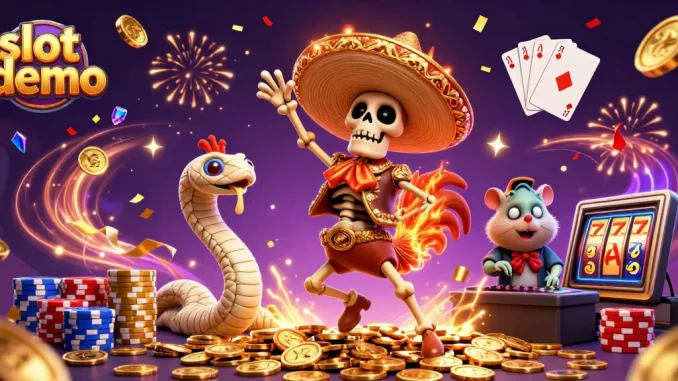 Menggenggam slot demo, tiga karakter lucu di kasino dengan koin emas bersinar dan permainan kartu menawan.