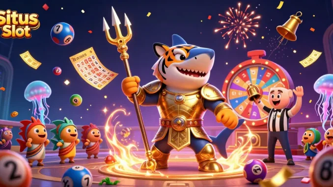 Menghadirkan Situs Slot Resmi dengan ikan hiu kartun ganas mengenakan armor gladiator, meriah dengan bola lotere berwarna-warni dan efek uang jatuh.