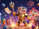Menghadirkan Situs Slot Resmi dengan ikan hiu kartun ganas mengenakan armor gladiator, meriah dengan bola lotere berwarna-warni dan efek uang jatuh.