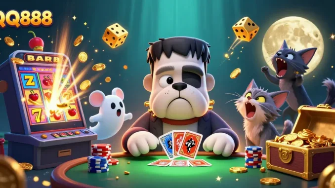 Experience the thrill of QQ888 with animated casino characters and vibrant, dynamic game elements in action.