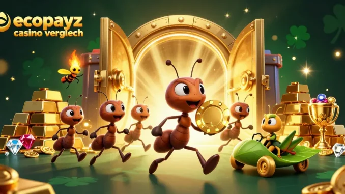 Engage with ecopayz casino vergleich while enjoying a vibrant 3D illustration of ants on a heist surrounded by riches.